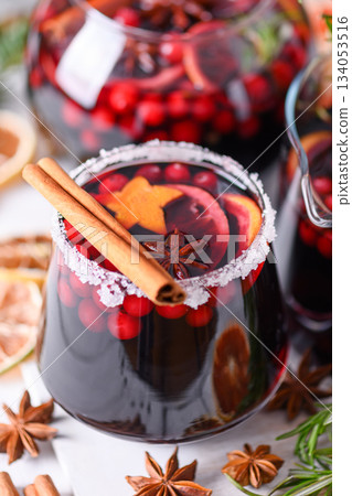 Mulled wine in glasses prepared on Christmas holidays Mulled wine in glasses prepared on Christmas holidays 134053516