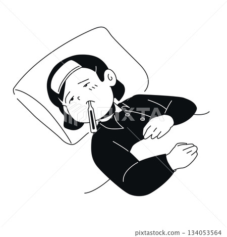 Girl with Fever - Black and White Flat Design Illustration 134053564