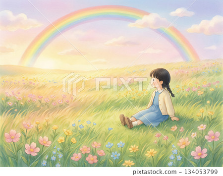 A heartwarming fantasy illustration of a girl sitting quietly in a flower field overshadowed by a rainbow A heartwarming fantasy illustration of a girl sitting quietly in a flower field overshadowed by a rainbow 134053799