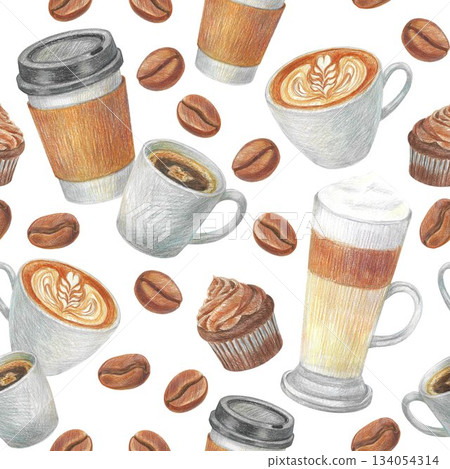 Hand drawn pattern with a cup of cappuccino, latte, cupcake, coffee beans and a paper cup for graphic design. Isolated colored pencil illustrations on a white background. Coffee collection. 134054314