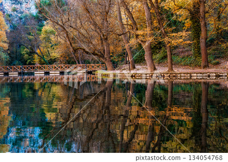 Monasterio de Piedra lake reflecting autumn trees and bridge 134054768