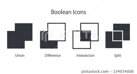 布林型使用者介面圖示集。適用於CAD和繪圖軟體使用者介面的向量圖。 134054886