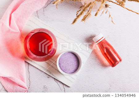 A drink for rapid  hydratation and replenishment of fluids and salts in a glass top view 134054946