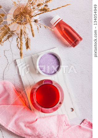 Rapid hydration mix in a glass and bowl on the table top and vertical view Rapid hydration mix in a glass and bowl on the table top and vertical view 134054949