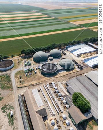 Aerial view of biogas plant for biomethane production. Aerial view of biogas plant for biomethane production. 134054988