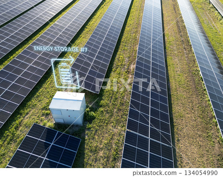 Aerial view of solar power station with energy storage Aerial view of solar power station with energy storage 134054990