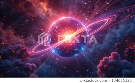 Electrifying Cosmic Sphere with Rings Surrounded by Vibrant Nebula Clouds 134055123