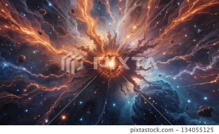 Explosive Cosmic Birth of Stars with Streaks of Orange Energy 134055125