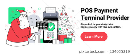 Santa POS payment Christmas shopping card terminal festive holiday tree gifts modern flat design website banner 134055219