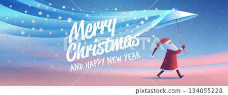 Santa Merry Christmas New Year 2026 celebration festive scene with Santa holding umbrella snowy landscape colorful stars winter background banner 134055228