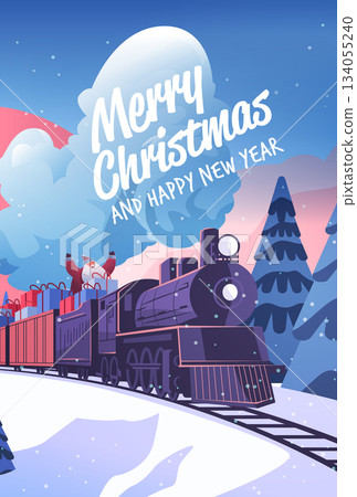 Santa Christmas train winter landscape gifts snowy pine trees festive celebration graphic holiday banner Santa Christmas train winter landscape gifts snowy pine trees festive celebration graphic holiday banner 134055240