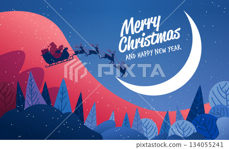 Santa sleigh reindeer Christmas night sky moon snowy landscape festive forest hills winter celebration banner 134055241
