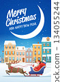 Santa Merry Christmas Happy New Year sleigh reindeer snowy town festive winter night colorful houses crescent moon holiday celebration 134055244