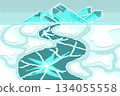 Crystal and frost fractures with textures cracked floor in ice world aesthetics, Winter snow landscape pixel. 134055558