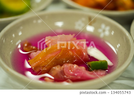 Korean kimchi cabbage, beet sauerkraut. Probiotics food concept. 134055743