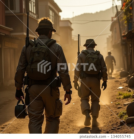 Soldiers patrol a dusty street during golden hour light Generative AI 134055745