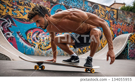 街頭訓練：一名男子專注地滑著滑板，背景是塗鴉。 134055955