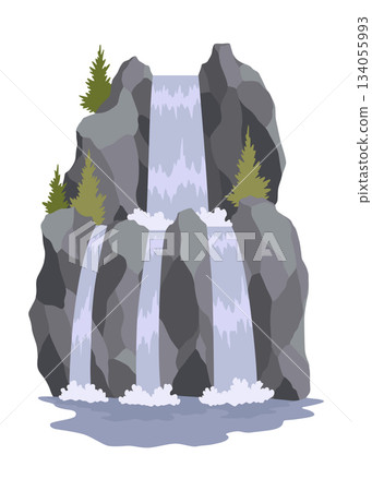 Cartoon river cascade waterfall. Landscape with mountains and trees. Design element for travel brochure or illustration mobile game. Fresh natural water Cartoon river cascade waterfall. Landscape with mountains and trees. Design element for travel brochure or illustration mobile game. Fresh natural water 134055993