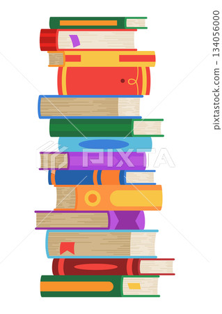 High book stacks or pile. Library textbooks and school literature heaps, dictionaries. Bookstore advertise. Cartoon stacked books angle view with different colorful covers isolated on white 134056000