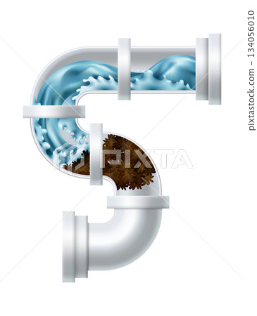 Clogged pipe drain and cleanser bottle. Canalization tube with water splash. Plumbing clog repair. Drain pipe clogged with mud 134056010