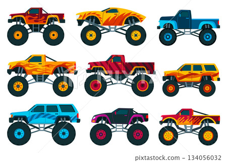 Monster trucks set. Bright colorful cartoon auto with big wheels. Heavy cars with large tires and black tinted windows. Isolated rally 4x4 computer or mobile game 134056032