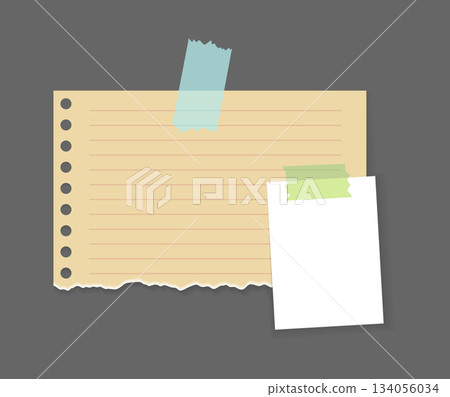 Paper notes stickers. Place for memo messages on paper sheets. Attached with sticky colorful tape on grey background isolated vector illustration Paper notes stickers. Place for memo messages on paper sheets. Attached with sticky colorful tape on grey background isolated vector illustration 134056034
