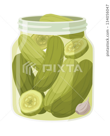 Homemade pickled cucumber. Clip-art of marinated food for packaging, label, menu, signboard or showcase. Fermented veggies, crunch gherkin with salt. Healthy vegetarian food Homemade pickled cucumber. Clip-art of marinated food for packaging, label, menu, signboard or showcase. Fermented veggies, crunch gherkin with salt. Healthy vegetarian food 134056047