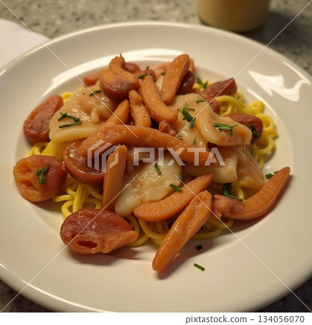 AI generated Cozy dish combining sliced sausages with cheesy noodles and fresh parsley 134056070