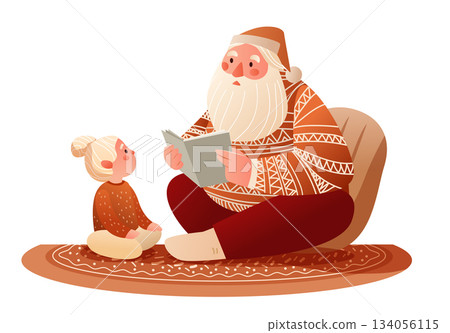 Santa reading Christmas story to child cozy winter scene sitting on carpet warm colors festive holiday atmosphere home decor 134056115
