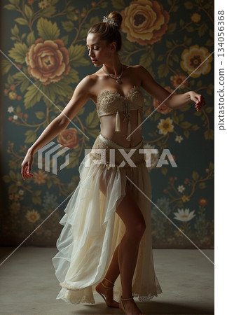 AI generated Poised ballerina in sparkling outfit surrounded by blooming plants 134056368