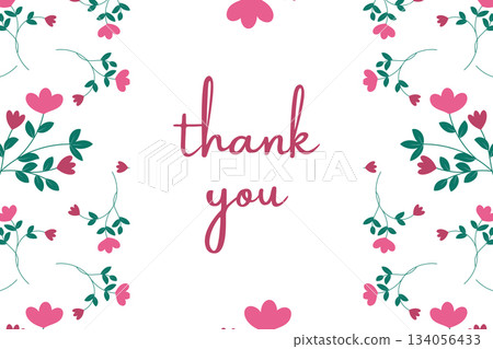 Floral Thank You Card Design with Pink Flowers and Green Leaves 134056433