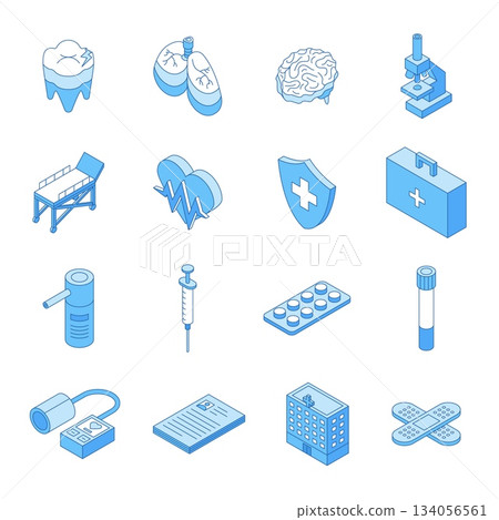 Healthcare outline isometric elements. Medicine icons, human inner organs, brain lungs tooth. Pharmacy, hospital equipment and building, nifty vector clipart 134056561