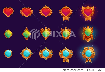 Game level amulets. Rank elements, amulet with gemstone in golden frames. Decorative jewelry, character leveling reward, progress or rating symbols, sapid vector set Game level amulets. Rank elements, amulet with gemstone in golden frames. Decorative jewelry, character leveling reward, progress or rating symbols, sapid vector set 134056563