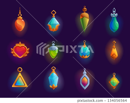 Magic amulets. Cartoon amulet with gemstones, various shapes jewelry pendants and charms. Game assets, shining witchcraft elements, sapid vector set 134056564