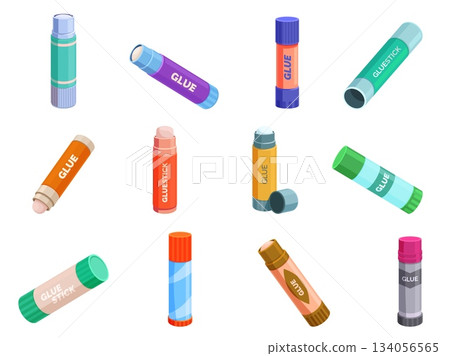 Glue in sticks. Plastic tubes, school office supplies. Stationery for gluing papers, cardboards parts, for children workshop and craft, sapid vector set 134056565
