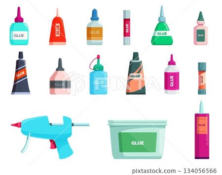 Plastic glue bottles. Containers tubes with glue, office stationery elements. Tools for repair, sealant, gluing paper and children crafts, sapid vector clipart 134056566