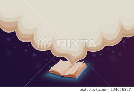 Empty cloud from open book. Banner for library, education, diploma template design. Reading books and imagination, fantasy sapid vector scene 134056567