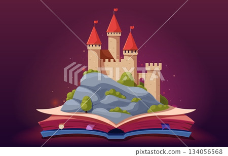 Open book with castle on rock. Fairytale notebook, magic scene, imagination metaphor. Literature for children template background, sapid vector design Open book with castle on rock. Fairytale notebook, magic scene, imagination metaphor. Literature for children template background, sapid vector design 134056568