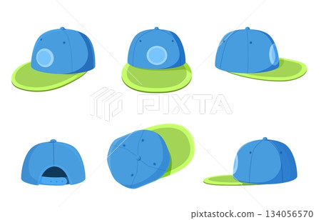 Baseball cap. Sport head apparel, trendy stylish accessory for manager, merchandiser, promoter, volunteer. Isolated hat different side view, sapid vector set 134056570