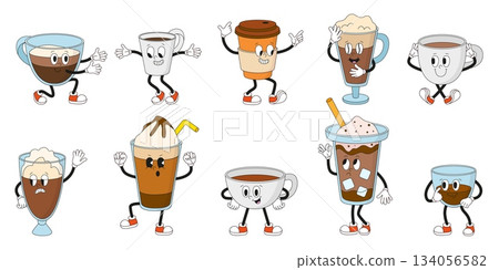 Groovy coffee mugs. Various hot beverages, coffee shop drinks. Americano espresso cappuccino latte with creamy hats. Retro characters neoteric vector set Groovy coffee mugs. Various hot beverages, coffee shop drinks. Americano espresso cappuccino latte with creamy hats. Retro characters neoteric vector set 134056582
