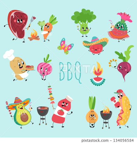 Cartoon bbq food characters. Positive tomato, potato broccoli carrot and onion. Meat steak and hot dog, avocado with cocktail on barbecue, nowaday vector clipart 134056584