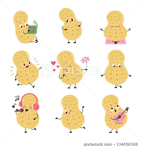 Cartoon peanuts. Peanut character different poses. Cute bean meditating, running, reading book, singing and play music. Childish mascot nowaday vector set Cartoon peanuts. Peanut character different poses. Cute bean meditating, running, reading book, singing and play music. Childish mascot nowaday vector set 134056588