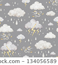 Children seamless pattern on grey background with fluffy rain clouds, lightning and thunderstorm for fabrics, for kids goods,linen, pajamas. Watercolor hand drawn illustration. 134056589