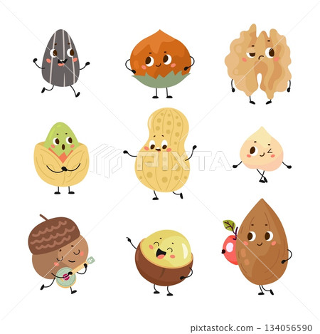 Nuts characters. Funny seed nut different poses and cute emotional faces. Cartoon beans, pistachio, acorn, peanut. Healthy food, snacks to go, nowaday vector set 134056590