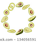 Circle half avocado wreath. Watercolor fruit leaves and flowers illustration. Hand drawn botanical drawing. Green plant on isolated background for food, cosmetic packaging design, card 134056591