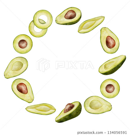 Circle half avocado wreath. Watercolor fruit leaves and flowers illustration. Hand drawn botanical drawing. Green plant on isolated background for food, cosmetic packaging design, card Circle half avocado wreath. Watercolor fruit leaves and flowers illustration. Hand drawn botanical drawing. Green plant on isolated background for food, cosmetic packaging design, card 134056591