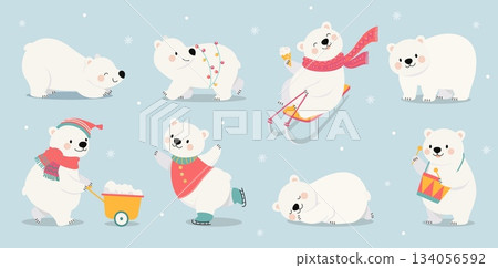 Funny polar bear. White bears sledding, skating, walking with garlands, sleeping. Funny north pole animal various poses, cartoon nowaday vector characters 134056592
