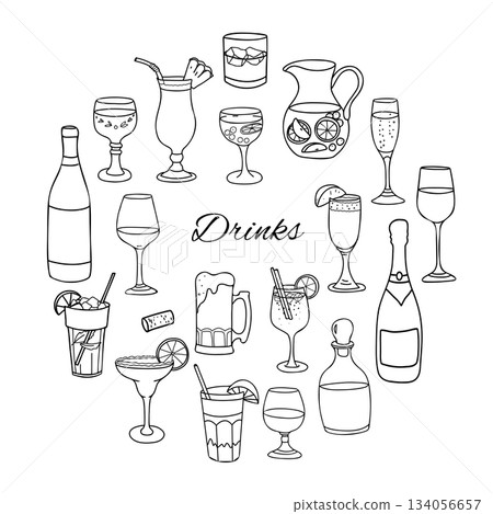 Alcoholic Drink set. Cocktails, wine, whiskey, cognac, champagne. Hand drawn Vector illustration in Doodle style. For restaurant menus, cards and graphic design projects. Alcoholic Drink set. Cocktails, wine, whiskey, cognac, champagne. Hand drawn Vector illustration in Doodle style. For restaurant menus, cards and graphic design projects. 134056657
