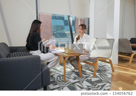 Women meet, interview job candidates, human resource manager recruits, people consult work in corporate office discussing plans, using laptop, reviewing documents. Women meet, interview job candidates, human resource manager recruits, people consult work in corporate office discussing plans, using laptop, reviewing documents. 134056762