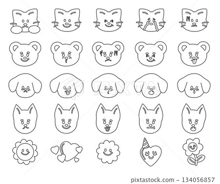 Cute vector outlines of puppy and cat expressions, flowers, heart for cartoon characters, comic, animals, pet shop, vet, emoji, mood, feelings, emotion, emoticon, Valentine's day, patch, kid colouring 134056857